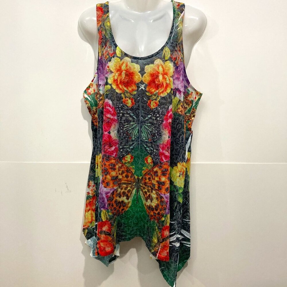 Zen Garden Sleeveless Tank Top Lagenlook Top Lightweight Floral Butterfly XL